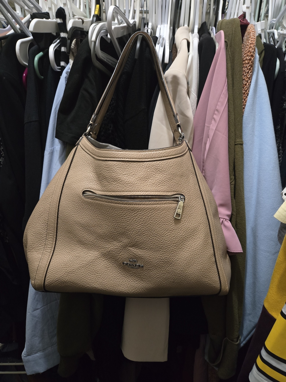 Coach Pebbled Leather Shoulder Bag in Beige